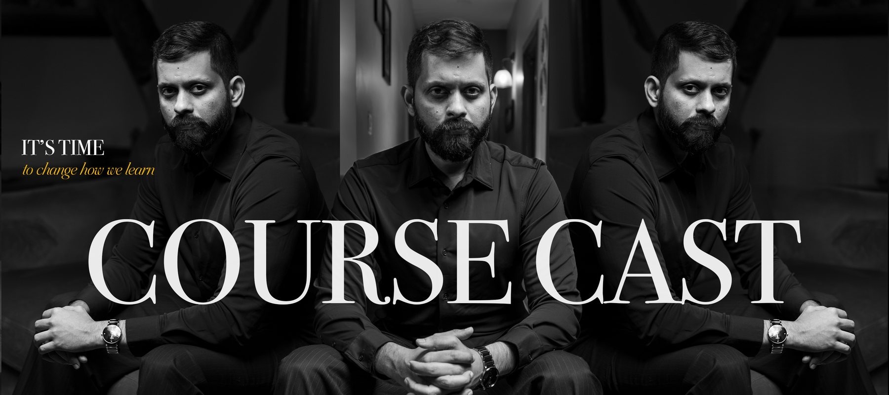 Coursecast, three panels with the word COURSECAST reading across them.